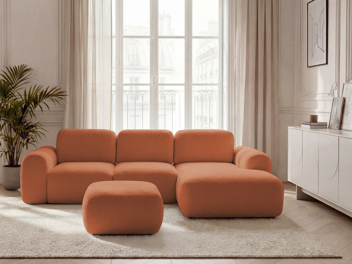 Canapé d'angle convertible coffre MONTAIGNE bouclette avec pouf orange — vue 4