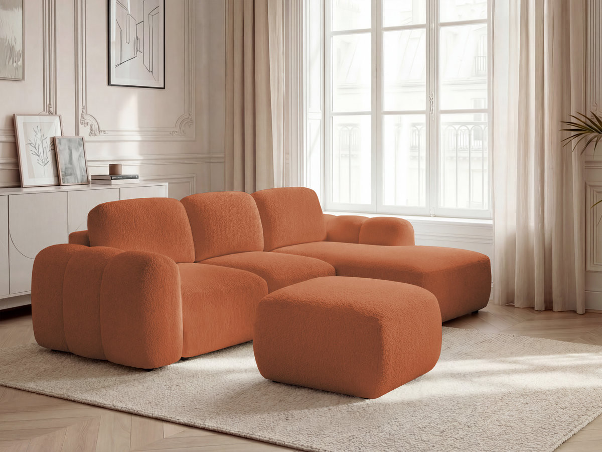 Canapé d'angle convertible coffre MONTAIGNE bouclette avec pouf orange