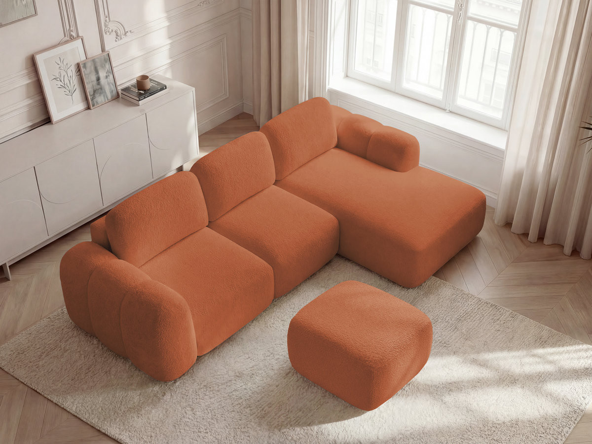 Canapé d'angle convertible coffre MONTAIGNE tissu bouclette avec pouf