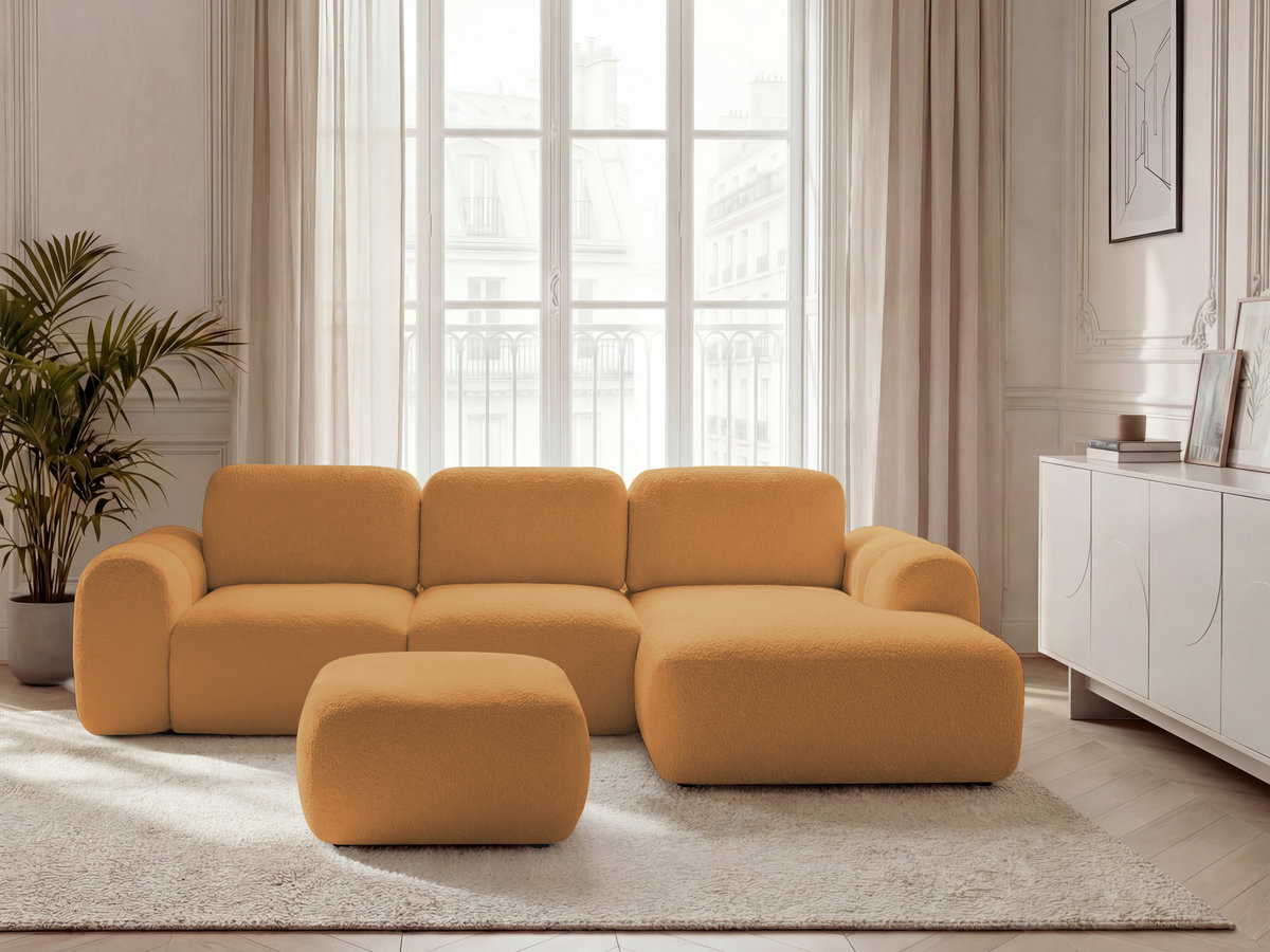 Canapé d'angle convertible coffre MONTAIGNE bouclette avec pouf jaune — vue 4