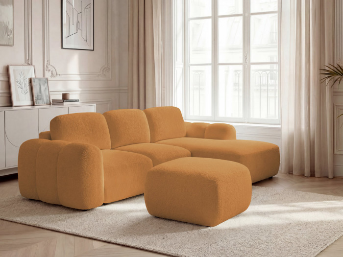 Canapé d'angle convertible MONTAIGNE tissu bouclette avec pouf