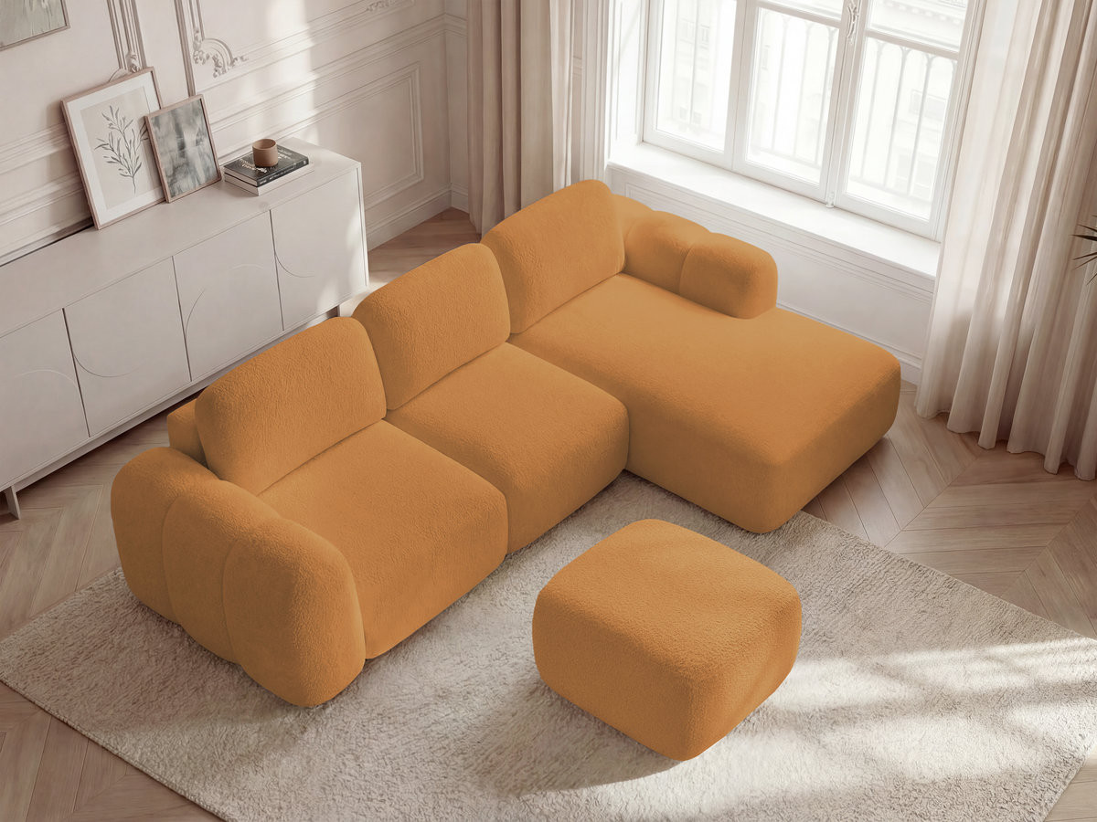 Canapé d'angle convertible coffre MONTAIGNE tissu bouclette avec pouf