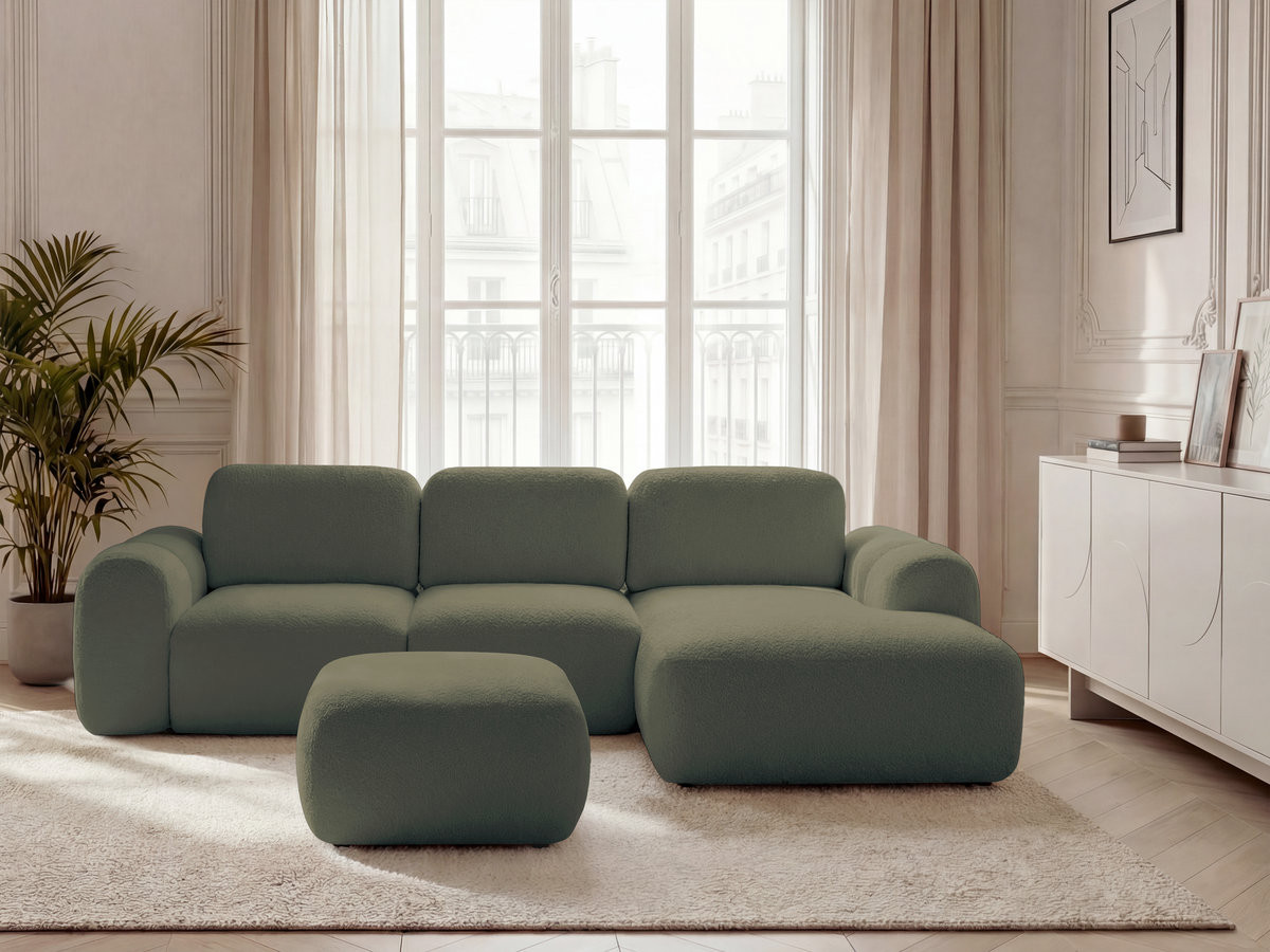 Canapé d'angle convertible coffre MONTAIGNE bouclette avec pouf vert — vue 4