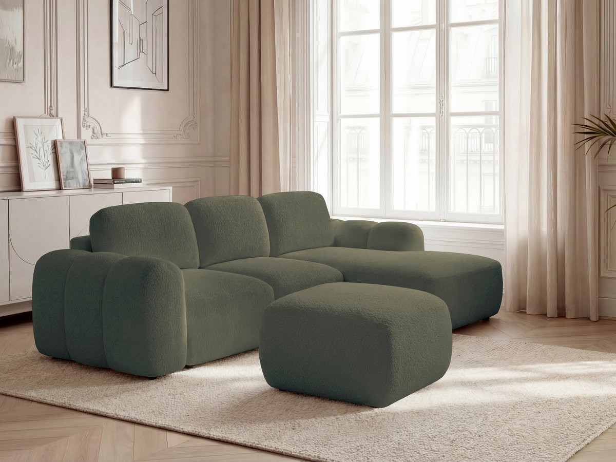 Canapé d'angle convertible coffre MONTAIGNE tissu bouclette avec pouf