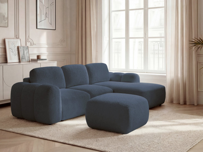 Canapé d'angle convertible coffre MONTAIGNE tissu bouclette avec pouf