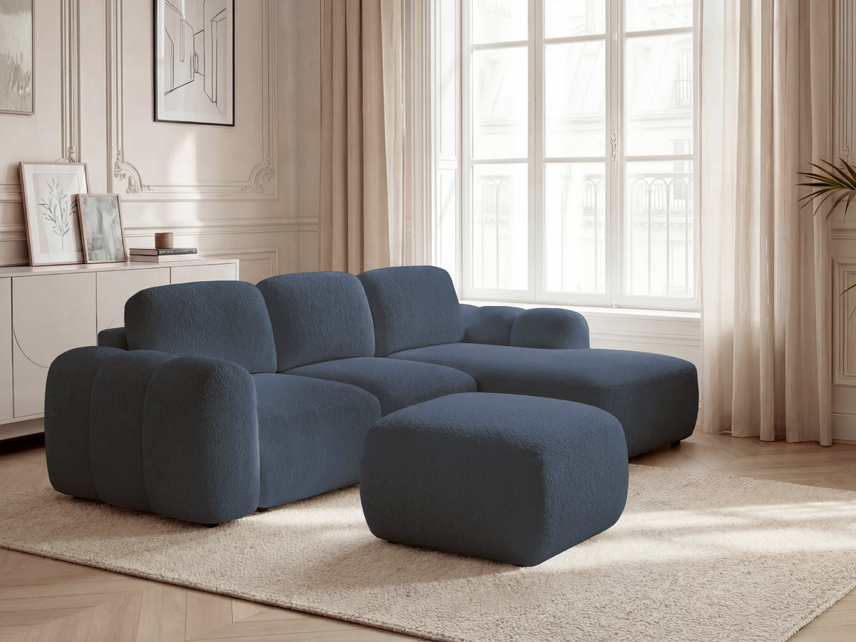 Canapé d'angle convertible coffre MONTAIGNE tissu bouclette avec pouf