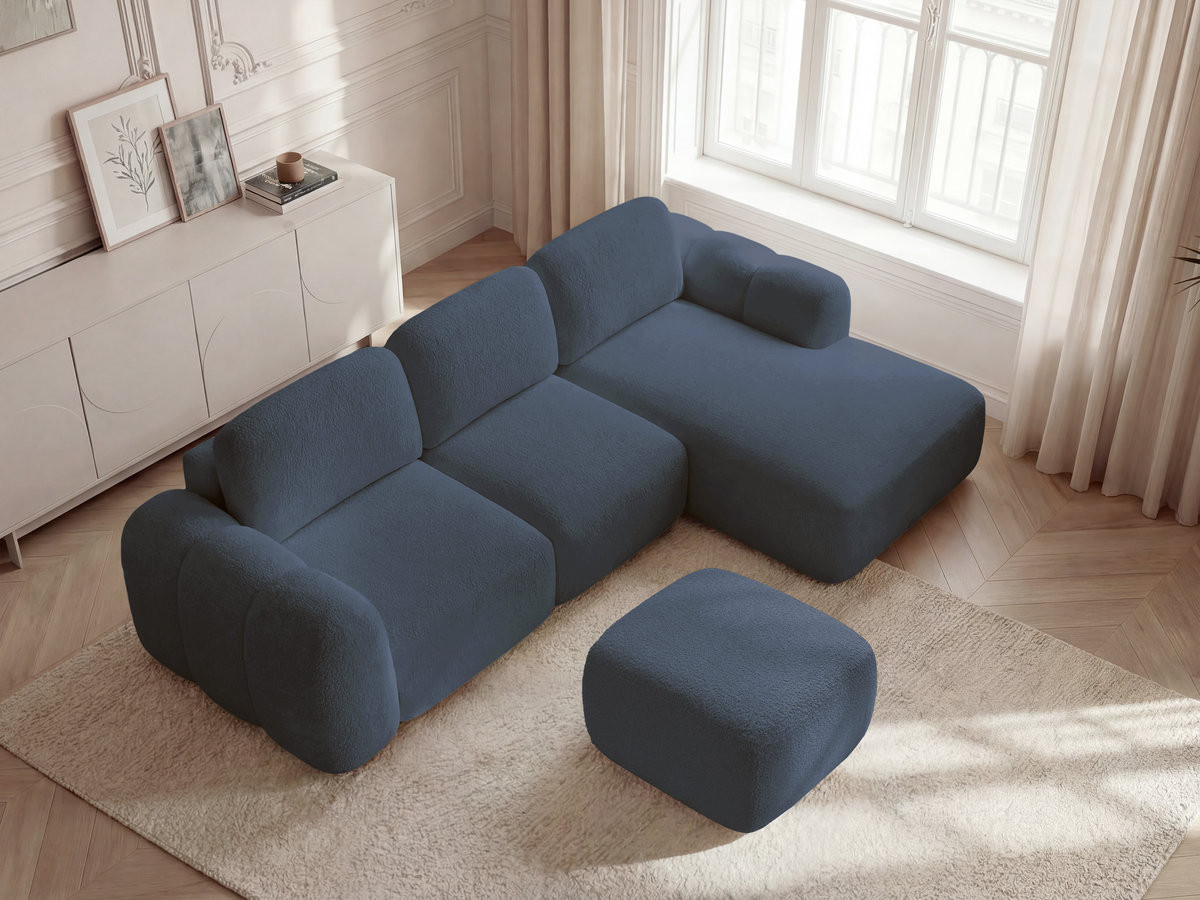 Canapé d'angle convertible coffre MONTAIGNE tissu bouclette avec pouf