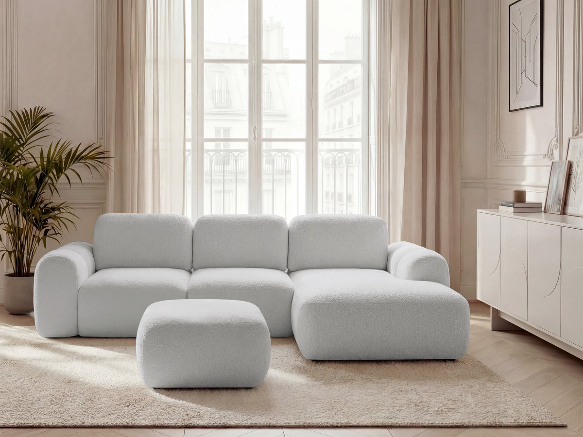 Canapé d'angle convertible coffre MONTAIGNE tissu bouclette avec pouf