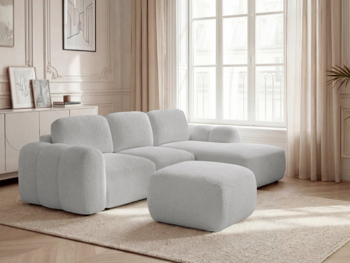 Canapé d'angle convertible coffre MONTAIGNE tissu bouclette avec pouf