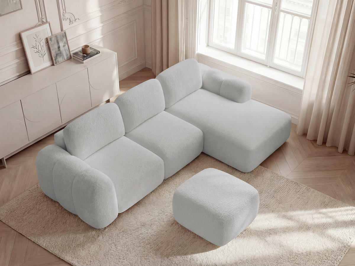 Canapé d'angle convertible coffre MONTAIGNE tissu bouclette avec pouf