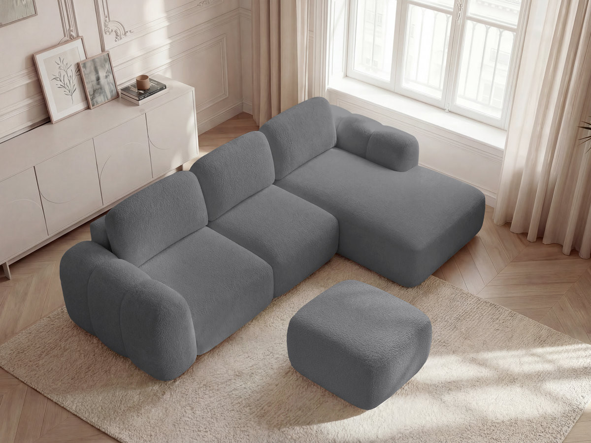 Canapé d'angle convertible coffre MONTAIGNE tissu bouclette avec pouf