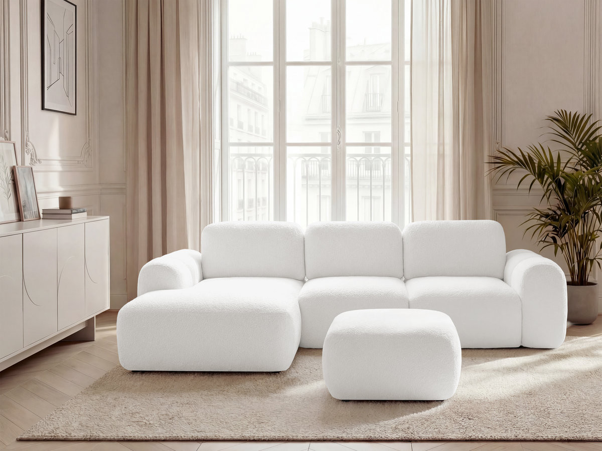 Canapé d'angle convertible coffre MONTAIGNE tissu bouclette avec pouf