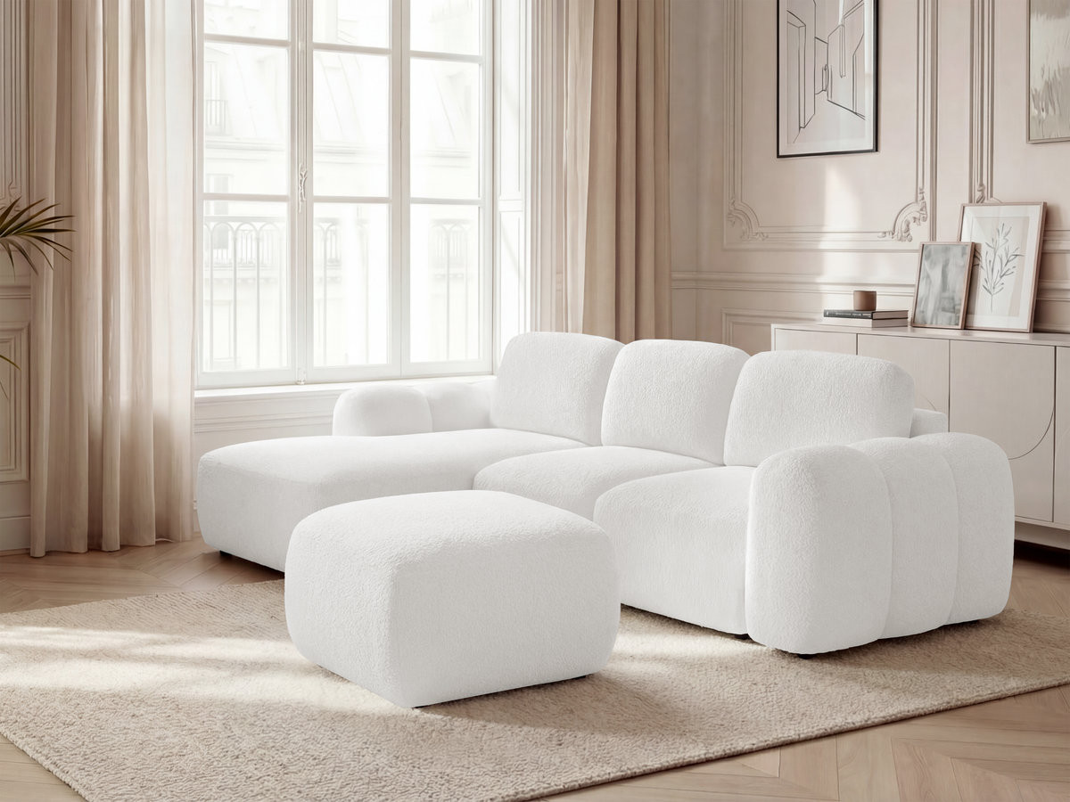 Canapé d'angle convertible coffre MONTAIGNE tissu bouclette avec pouf