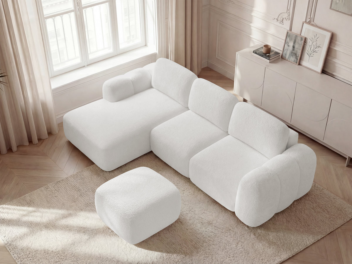 Canapé d'angle convertible coffre MONTAIGNE tissu bouclette avec pouf