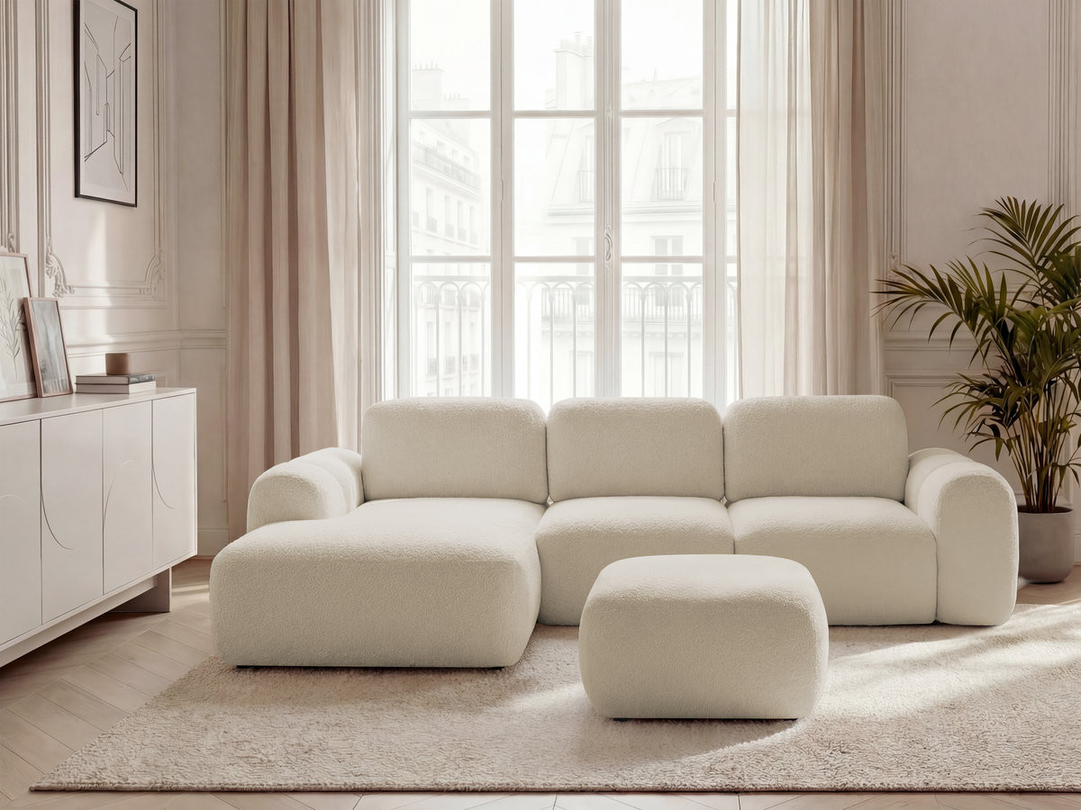 Canapé d'angle convertible coffre MONTAIGNE tissu bouclette avec pouf