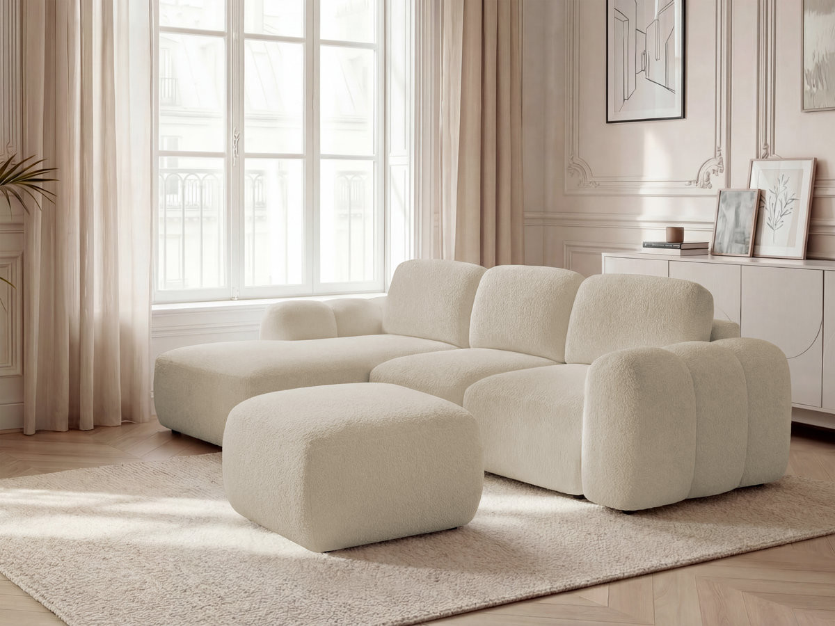 Canapé d'angle convertible coffre MONTAIGNE tissu bouclette avec pouf