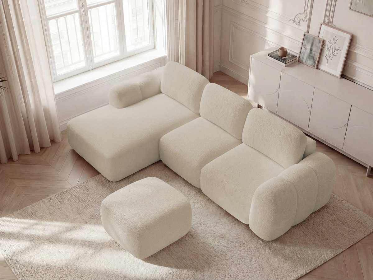 Canapé d'angle convertible coffre MONTAIGNE tissu bouclette avec pouf