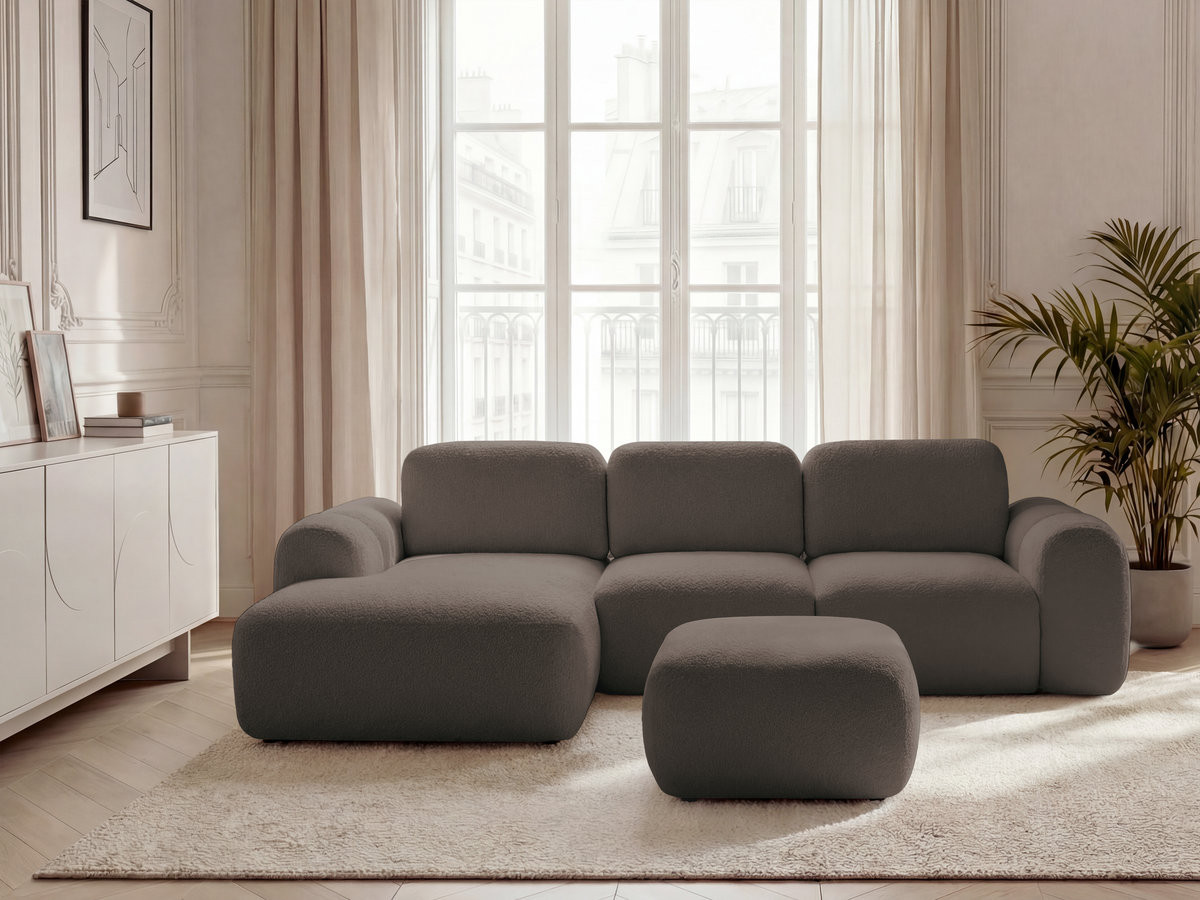 Canapé d'angle convertible coffre MONTAIGNE tissu bouclette avec pouf