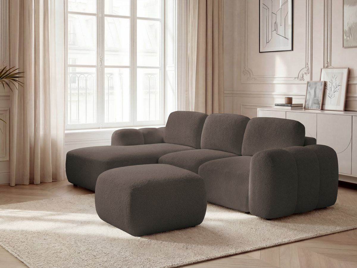 Canapé d'angle convertible coffre MONTAIGNE tissu bouclette avec pouf