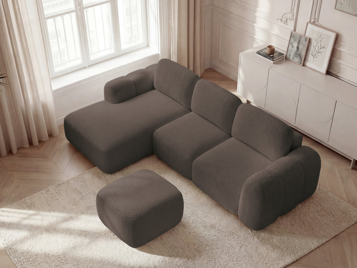 Canapé d'angle convertible coffre MONTAIGNE tissu bouclette avec pouf