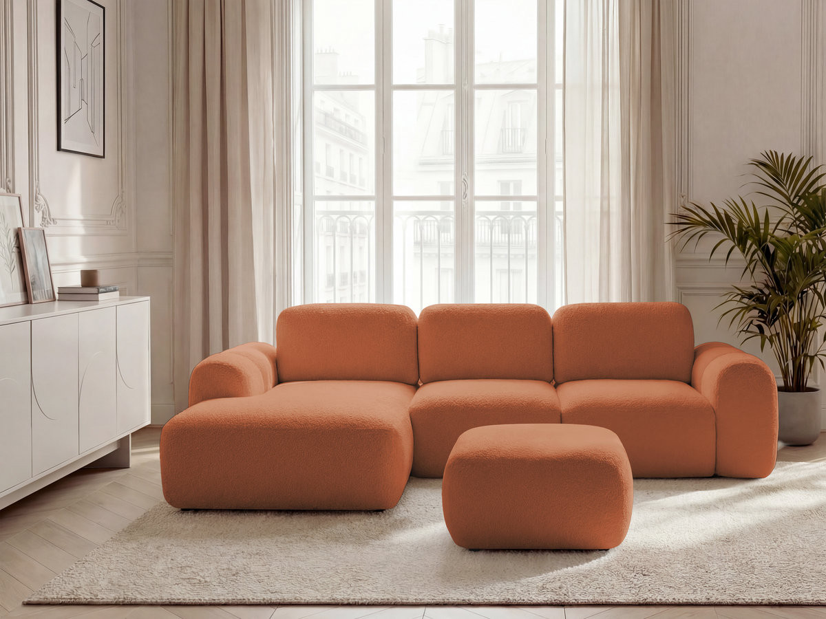 Canapé d'angle convertible coffre MONTAIGNE tissu bouclette avec pouf