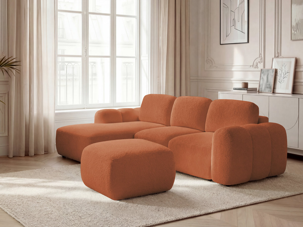 Canapé d'angle convertible coffre MONTAIGNE tissu bouclette avec pouf