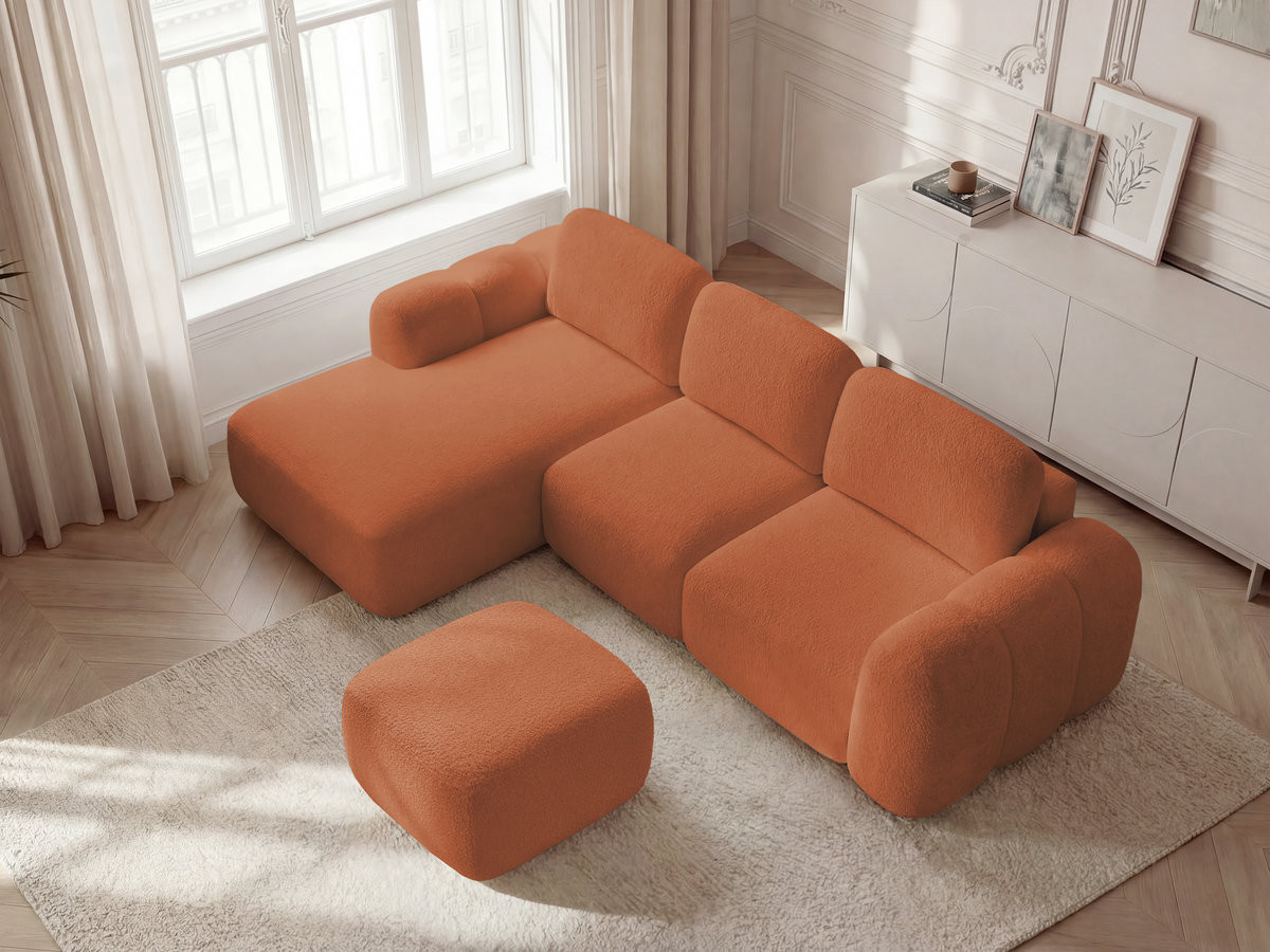 Canapé d'angle convertible coffre MONTAIGNE tissu bouclette avec pouf