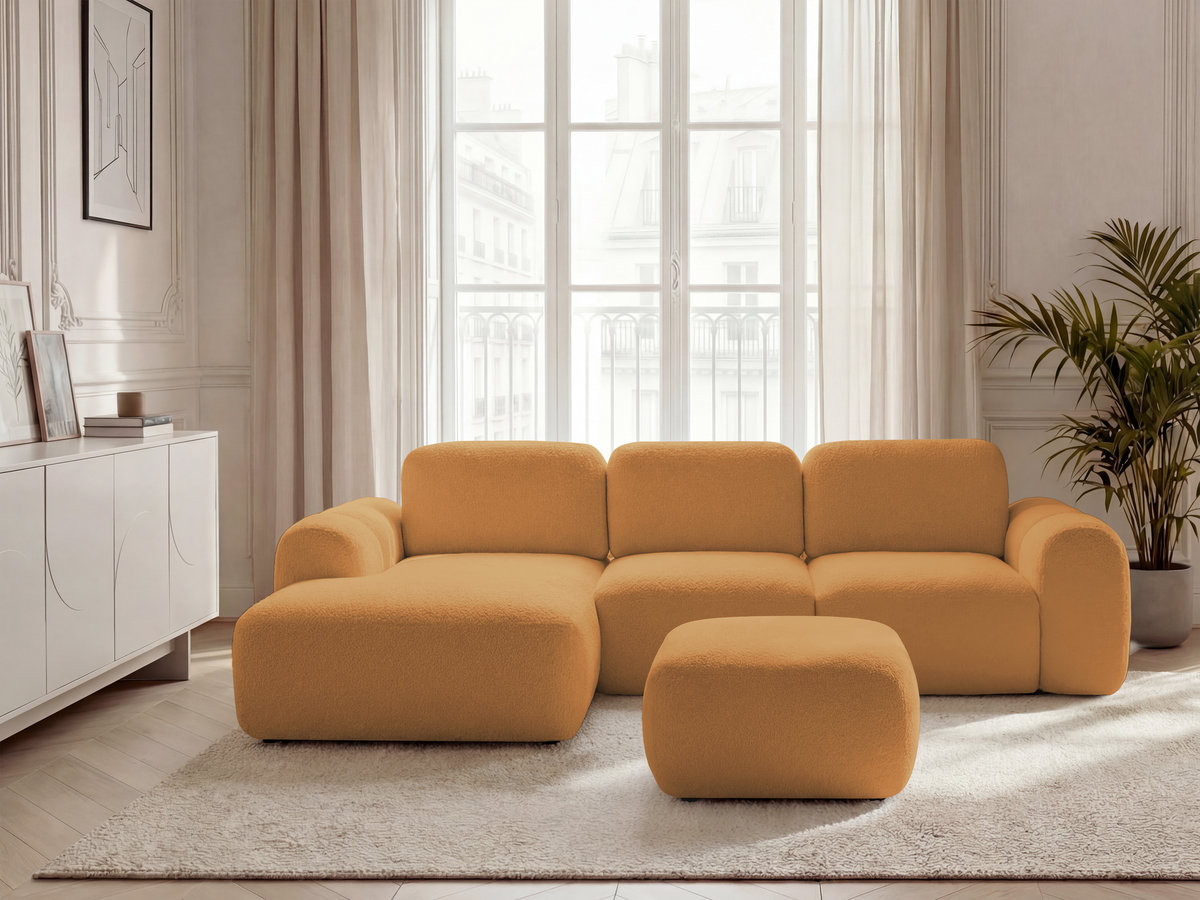 Canapé d'angle convertible coffre MONTAIGNE tissu bouclette avec pouf