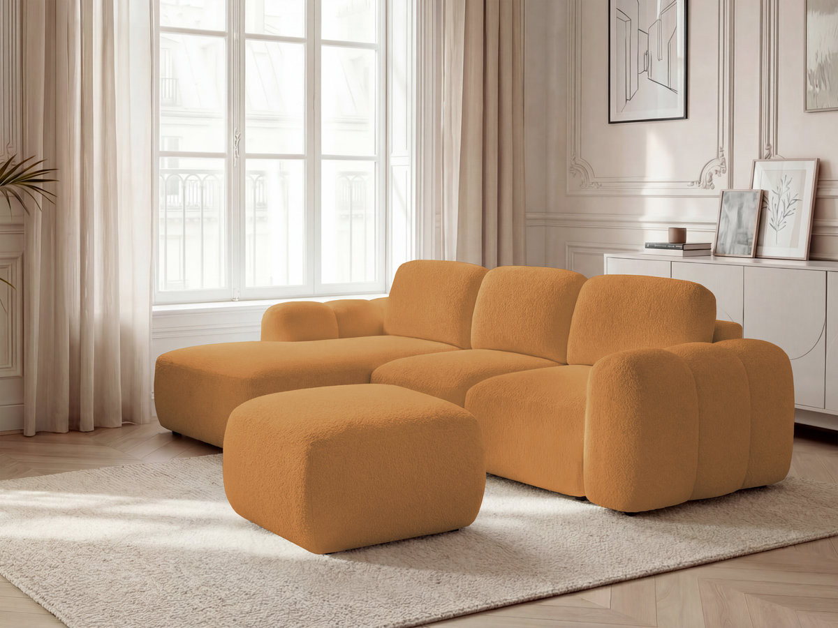 Canapé d'angle convertible coffre MONTAIGNE tissu bouclette avec pouf jaune  angle gauche BOBOCHIC 4 places