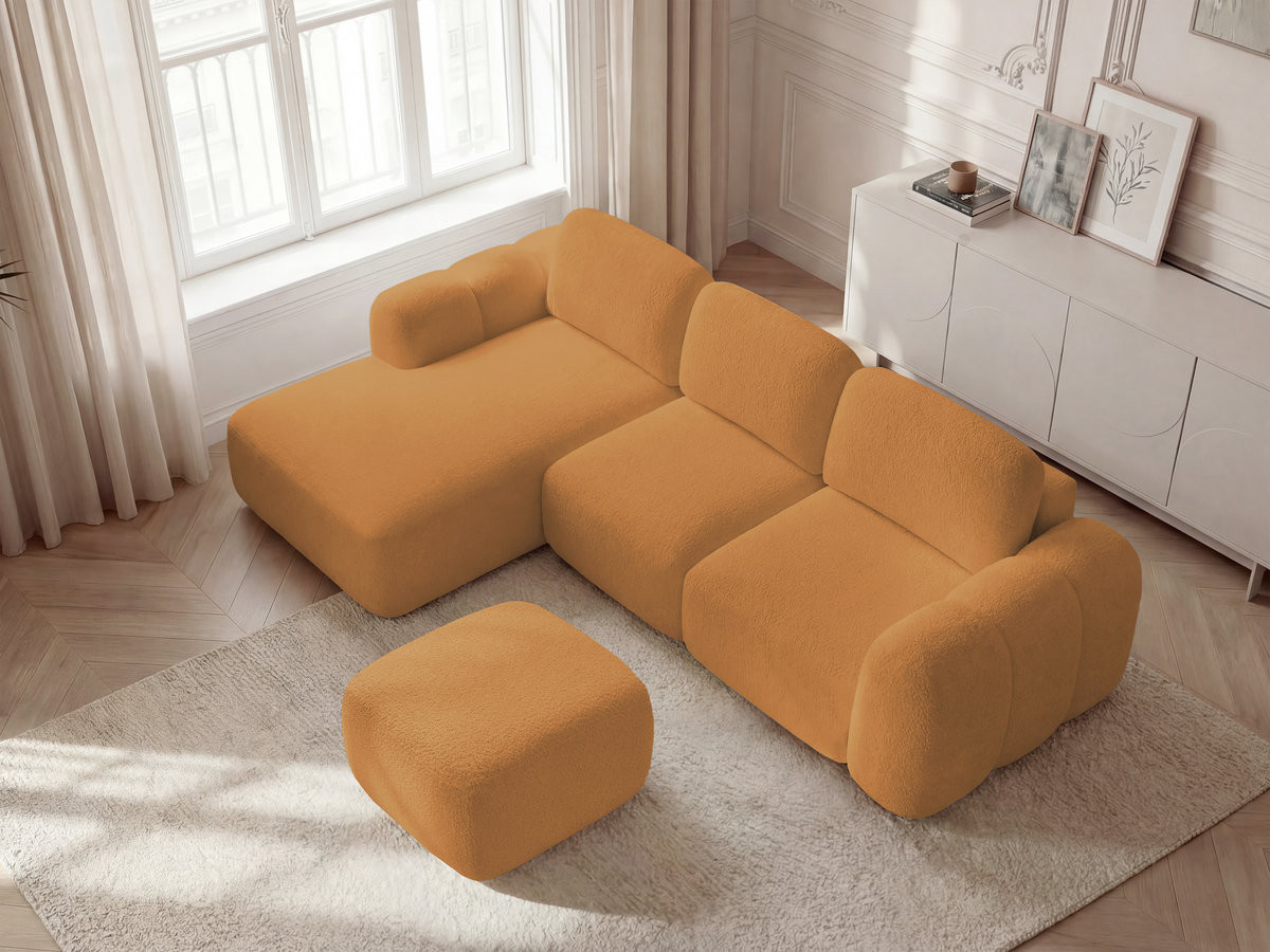 Canapé d'angle convertible coffre MONTAIGNE tissu bouclette avec pouf