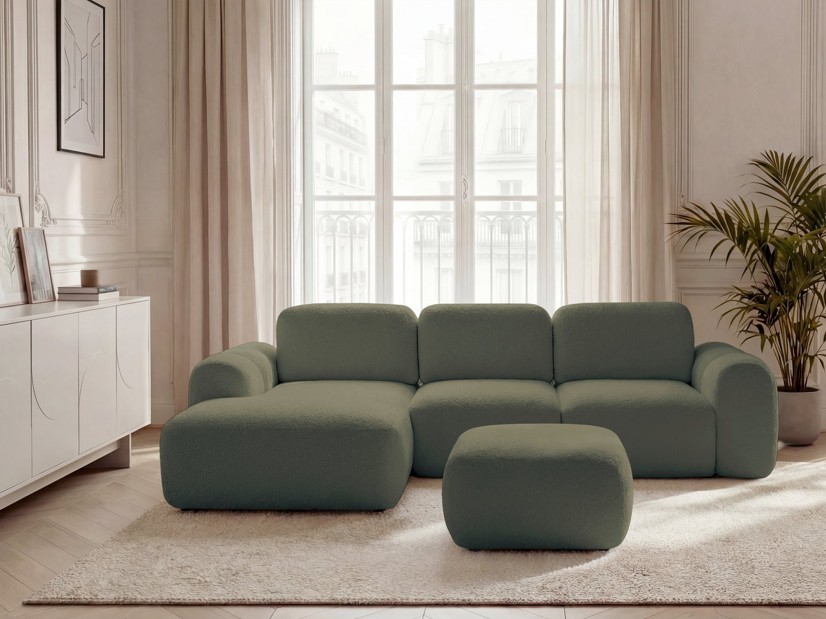 Canapé d'angle convertible coffre MONTAIGNE tissu bouclette avec pouf