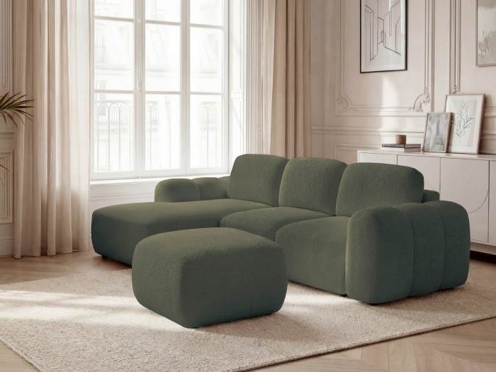 Canapé d'angle convertible coffre MONTAIGNE tissu bouclette avec pouf
