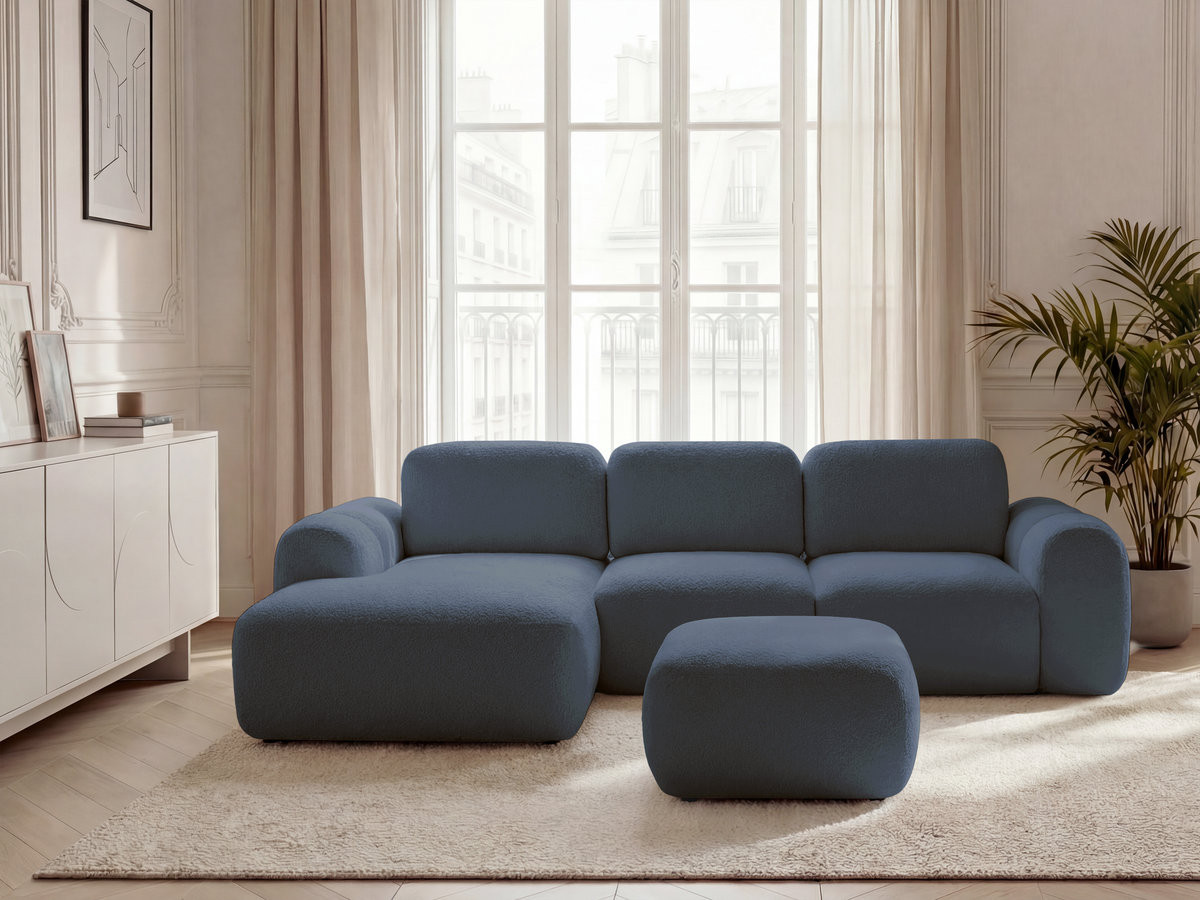 Canapé d'angle convertible coffre MONTAIGNE tissu bouclette avec pouf