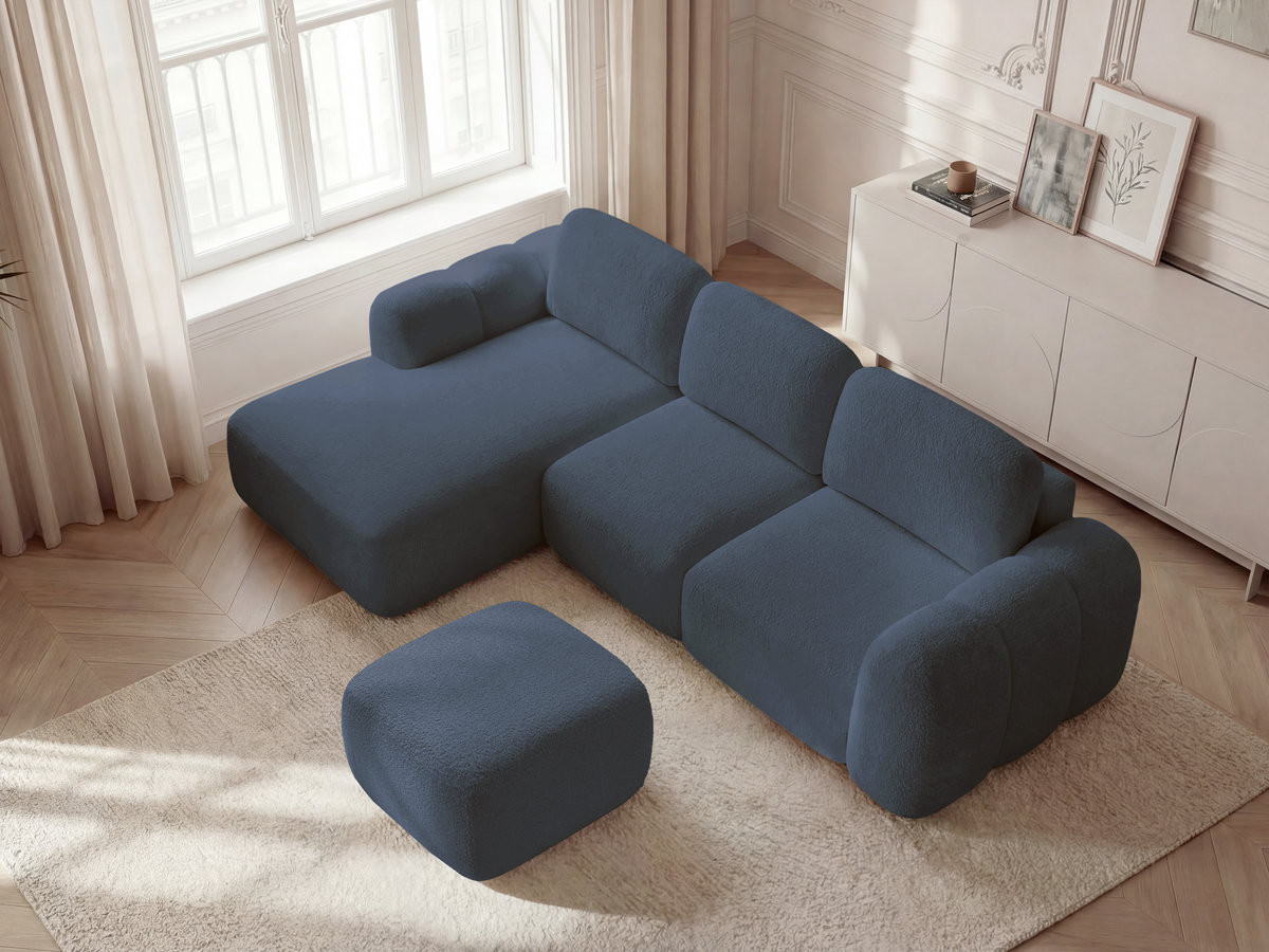 Canapé d'angle convertible coffre MONTAIGNE tissu bouclette avec pouf