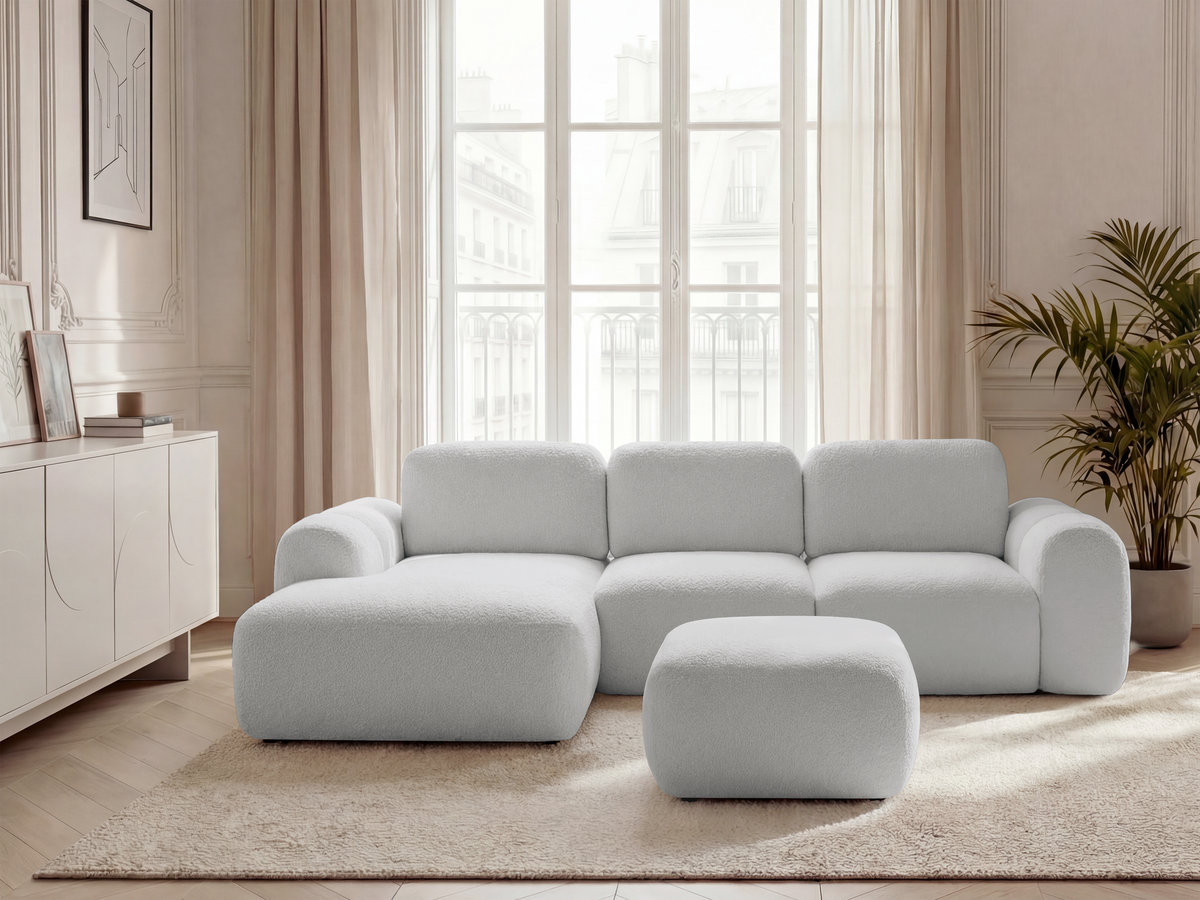 Canapé d'angle convertible coffre MONTAIGNE tissu bouclette avec pouf