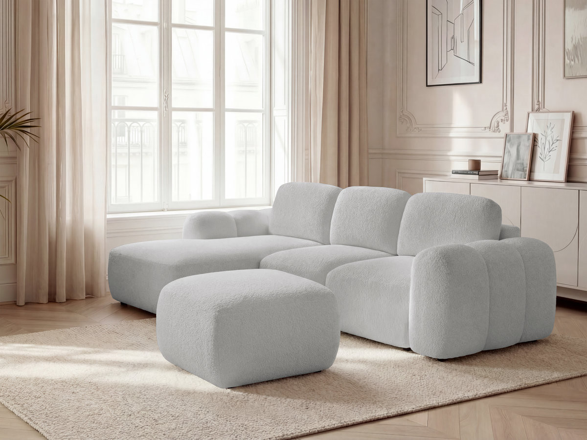 Canapé d'angle convertible coffre MONTAIGNE tissu bouclette avec pouf