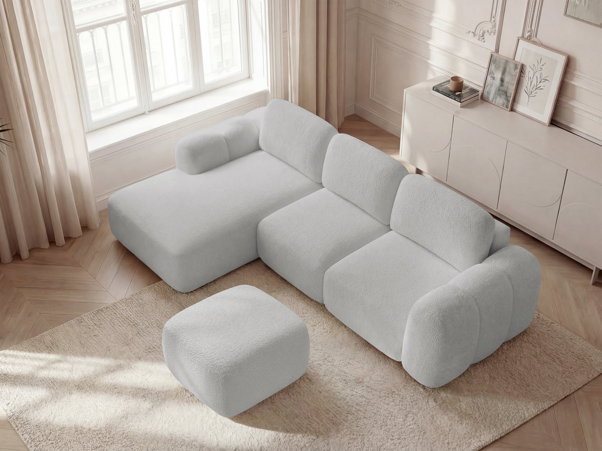 Canapé d'angle convertible coffre MONTAIGNE tissu bouclette avec pouf