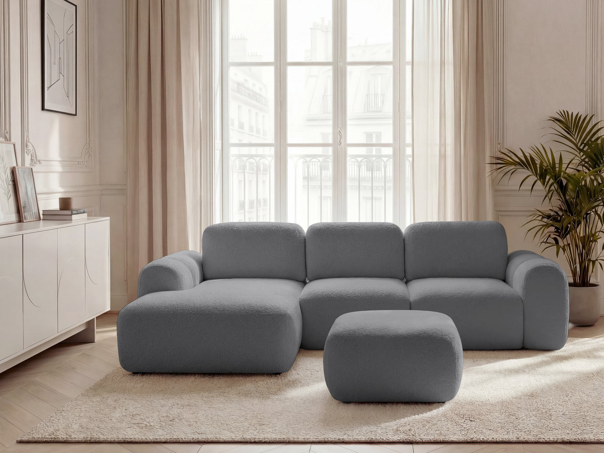 Canapé d'angle convertible coffre MONTAIGNE tissu bouclette avec pouf