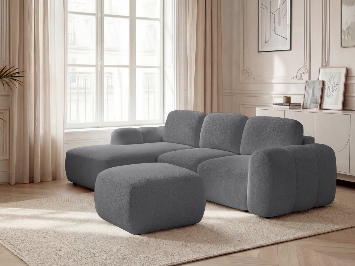 Canapé d'angle convertible coffre MONTAIGNE tissu bouclette avec pouf