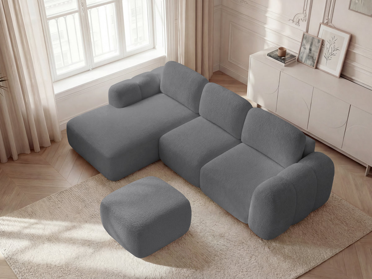Canapé d'angle convertible coffre MONTAIGNE tissu bouclette avec pouf