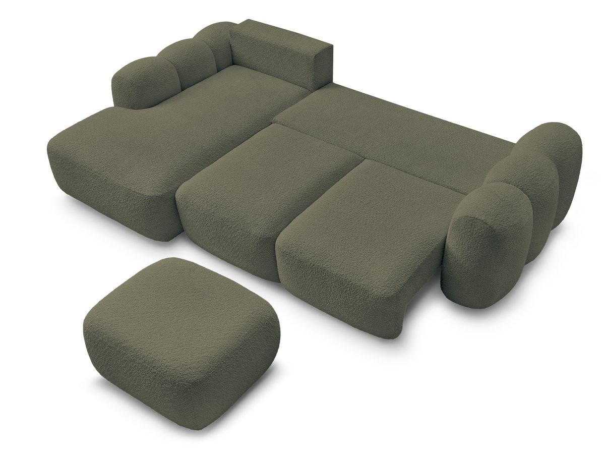 Canapé d'angle convertible coffre MONTAIGNE tissu bouclette avec pouf