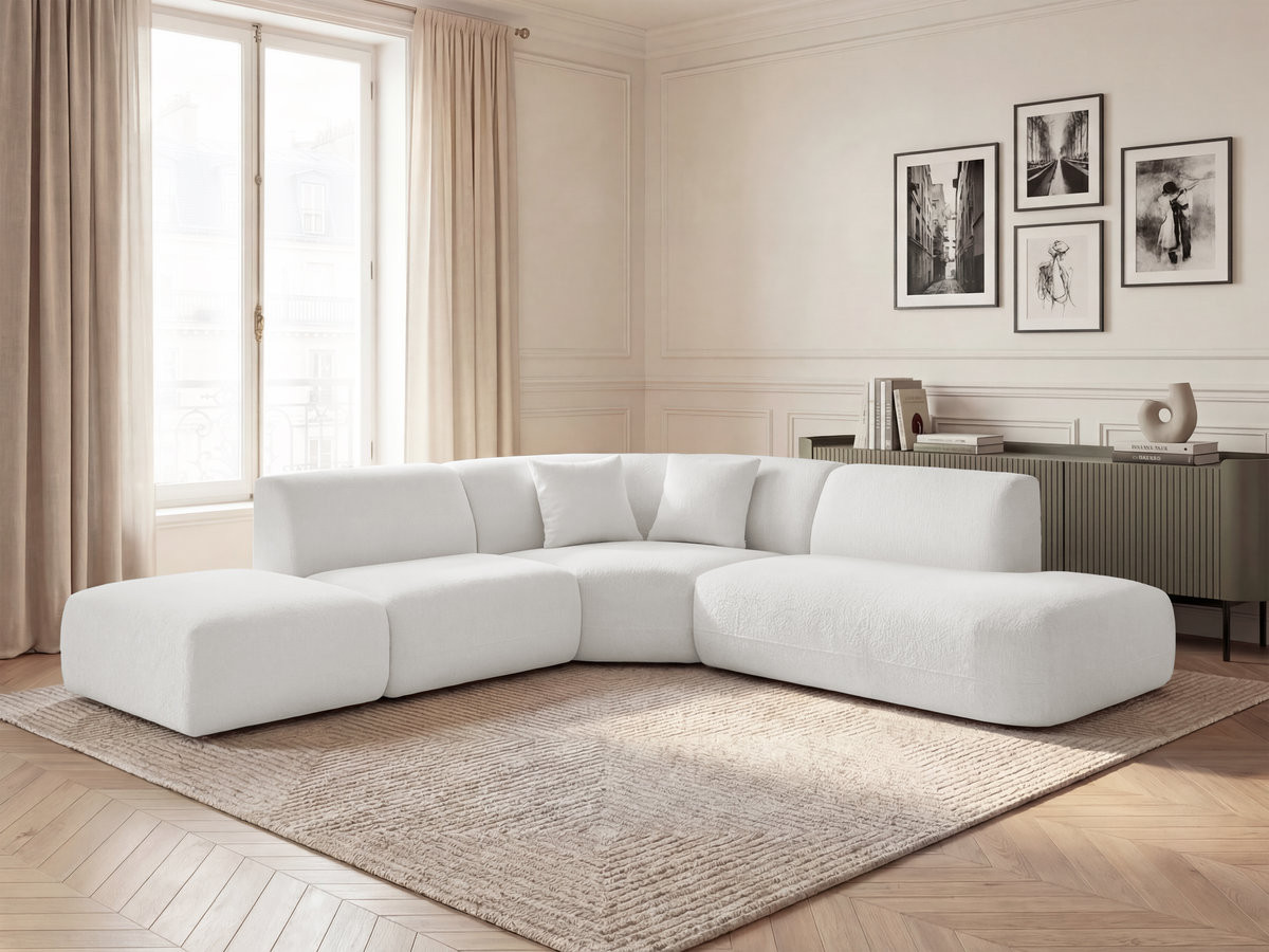 Canapé d'angle L fixe modulable ANDA tissu chenille blanc angle droit BOBOCHIC 6 places