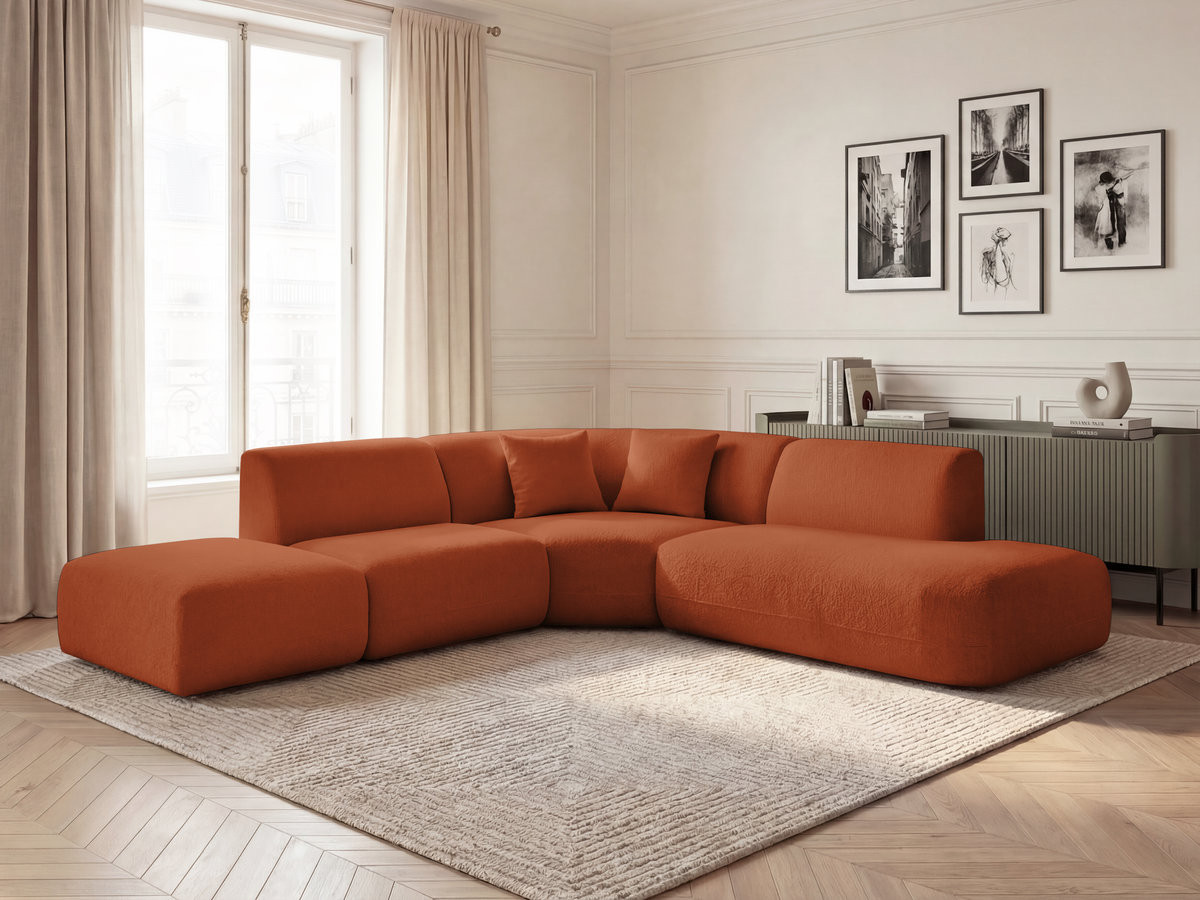 Canapé d'angle L fixe modulable ANDA tissu chenille orange angle droit BOBOCHIC 6 places