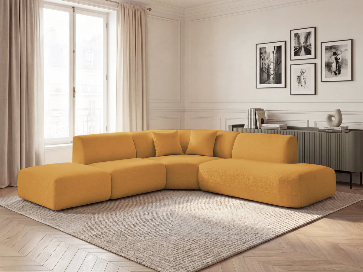 Canapé d'angle L fixe modulable ANDA tissu chenille jaune  angle droit BOBOCHIC 6 places