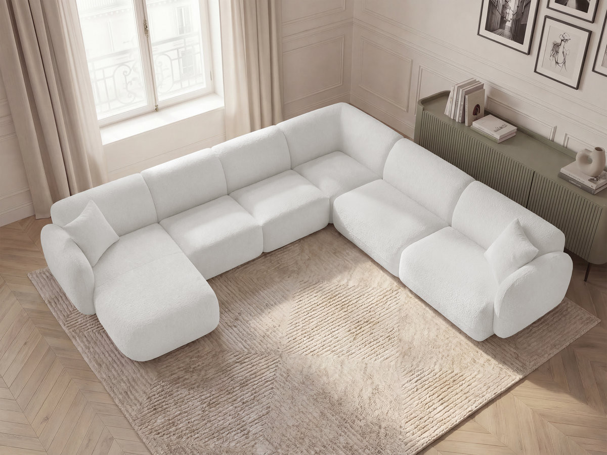 Canapé panoramique fixe modulable ANDA avec 1 mrdn, 3 chfs 1 place sans accoudoir, 1 chf 1 place avec accoudoir, 1 petit angle