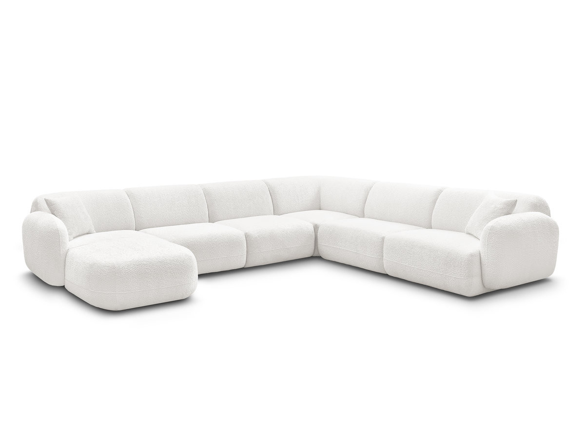 canapé panoramique fixe modulable anda avec 1 mrdn, 3 chfs 1 place sans accoudoir, 1 chf 1 place avec accoudoir, 1 petit angle gekleurd blanc