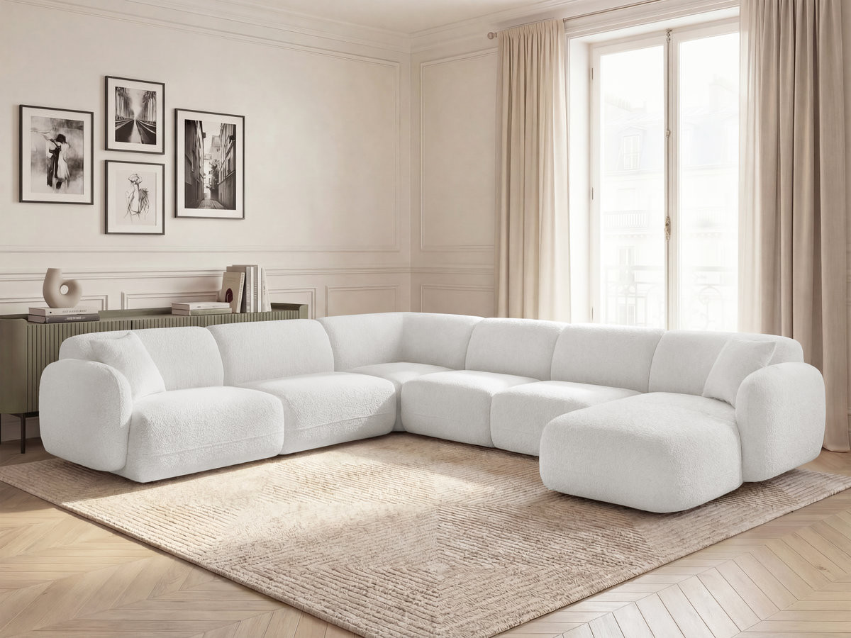 Canapé panoramique fixe modulable ANDA avec 1 mrdn, 3 chfs 1 place sans accoudoir, 1 chf 1 place avec accoudoir, 1 petit angle