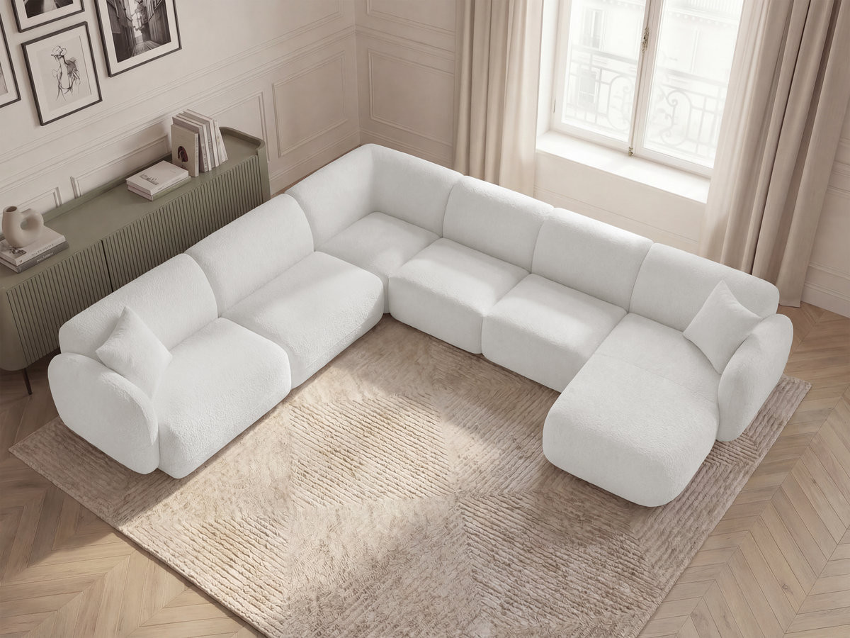 Canapé panoramique fixe modulable ANDA avec 1 mrdn, 3 chfs 1 place sans accoudoir, 1 chf 1 place avec accoudoir, 1 petit angle