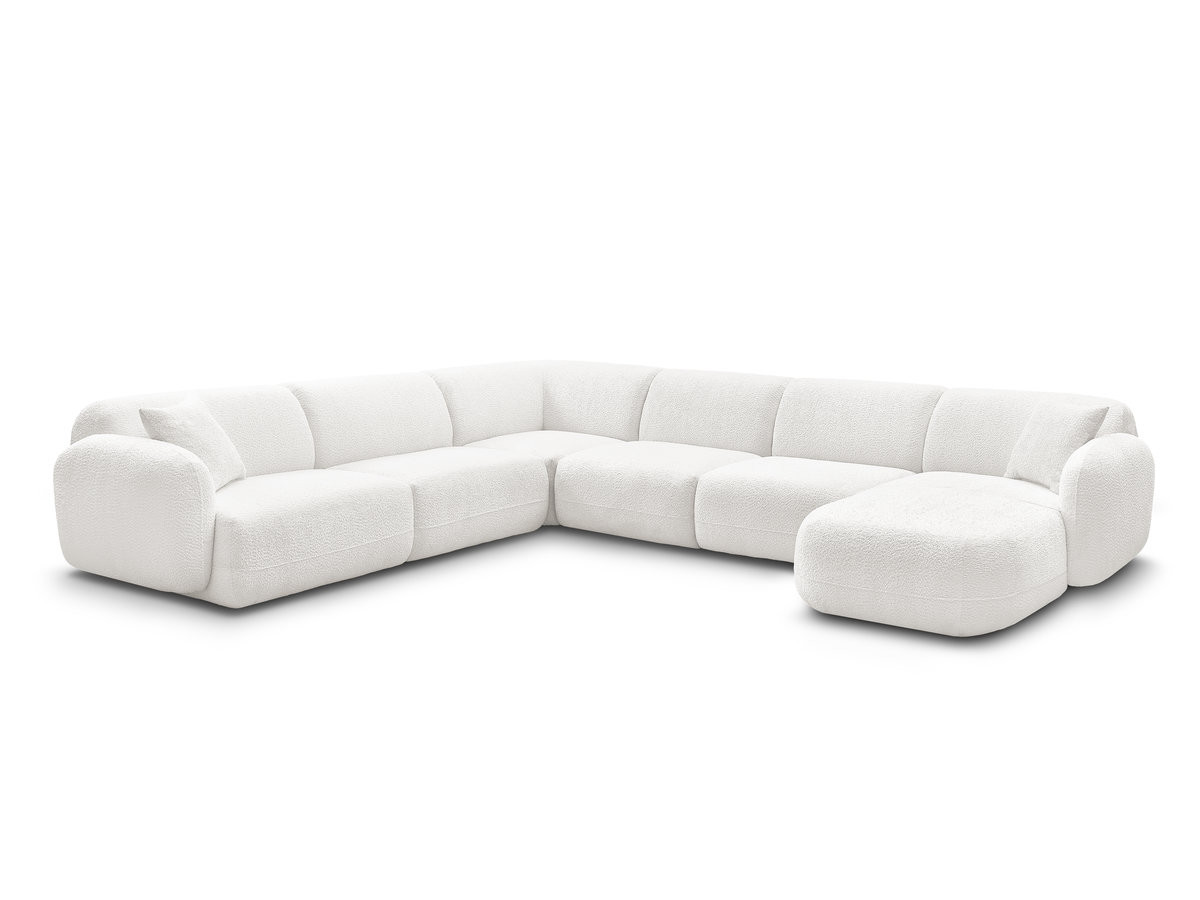 canapé panoramique fixe modulable anda avec 1 mrdn, 3 chfs 1 place sans accoudoir, 1 chf 1 place avec accoudoir, 1 petit angle gekleurd blanc