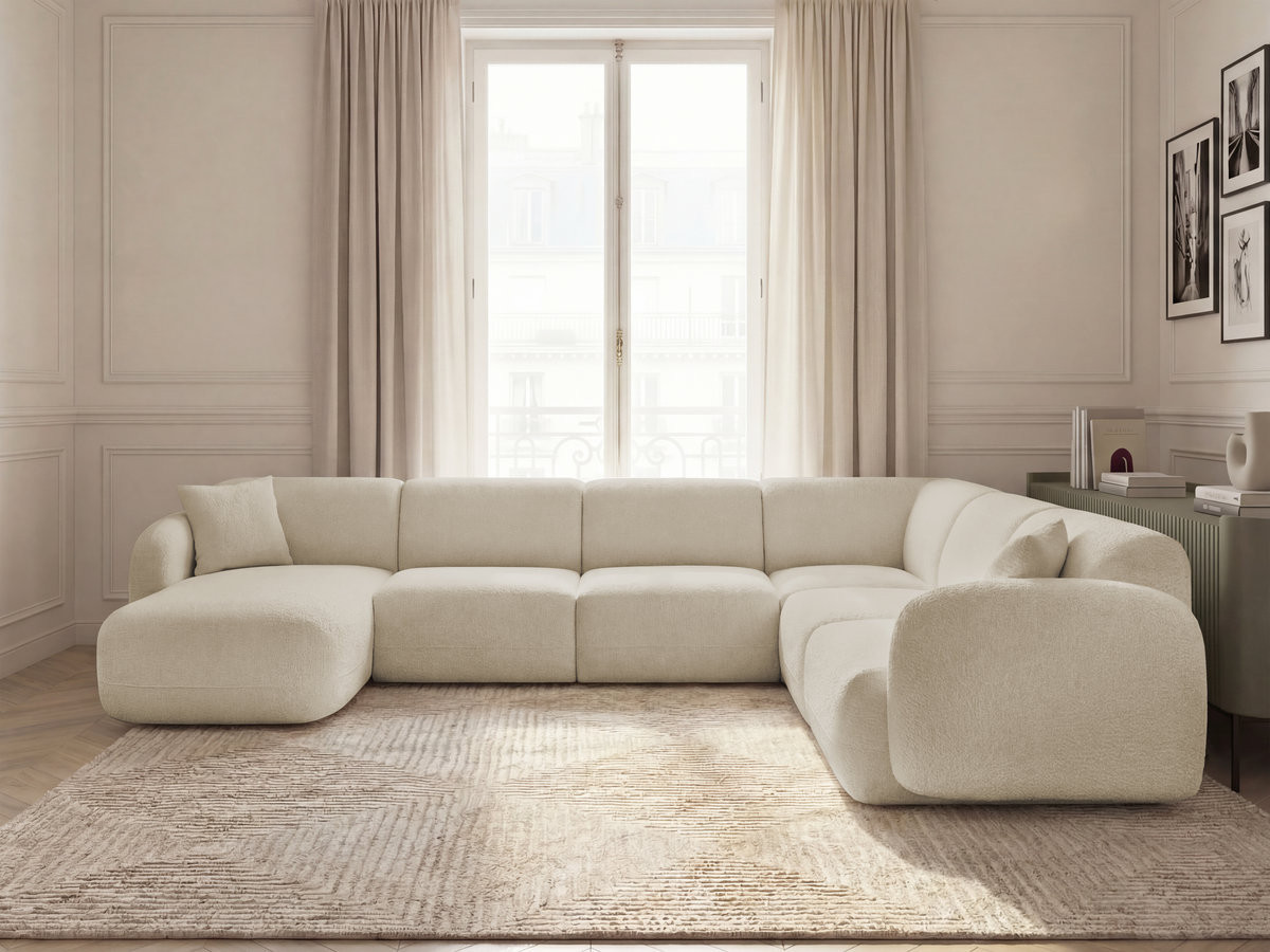 Canapé panoramique fixe modulable ANDA avec 1 mrdn, 3 chfs 1 place sans accoudoir, 1 chf 1 place avec accoudoir, 1 petit angle